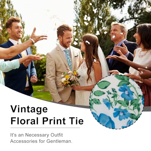 Image of Luckyvestir Mens Ties, Sage /Dusty Blue /Pink Floral Ties for Men, 2.76 inch Cotton Flower Necktie for Wedding /Groomsmen /Party