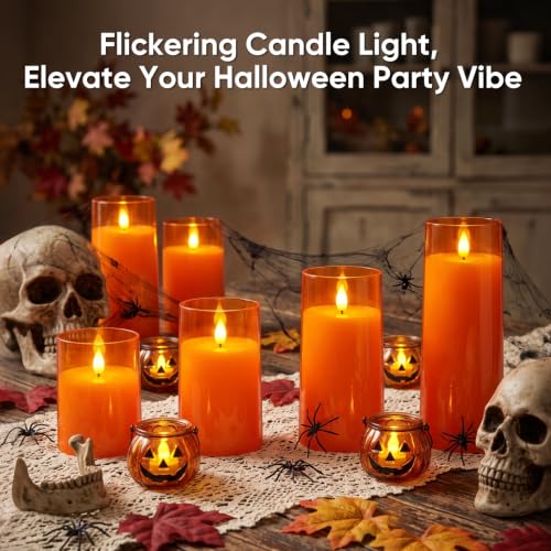 Image of Raycare Orange Halloween Battery Operated Flameless LED Candles with Remote | Acrylic Warm Lighting, Autumn Atmosphere for Halloween Party, Thanksgiving Dinner, Fall Harvest Festival Home Decor, Set of 5