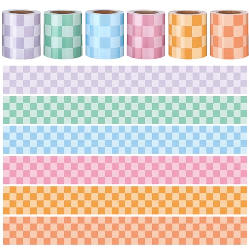 Image of Fuutreo 6 Roll 197 ft Pastel Checkered Bulletin Board Borders Colorful Plaid Border Trim Classroom Decoration Checkerboard Straight Border Decor for Back to School Chalkboard Office Wall