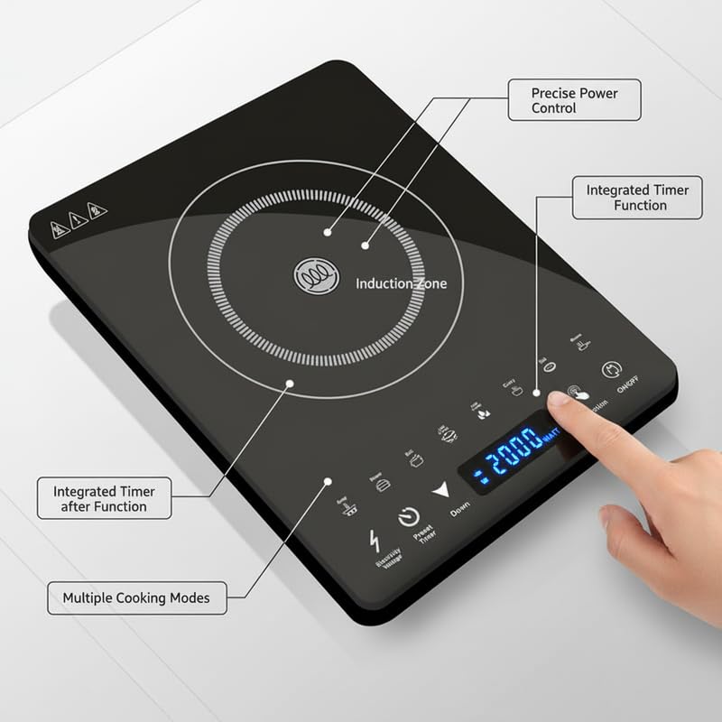 Image of Drumstone (15 Years Warranty) 2000W Induction Cooktop with Toughened Glass Surface, Touch Control Panel, Fast Heating Electric Stove for Efficient Home Kitchen Cooking