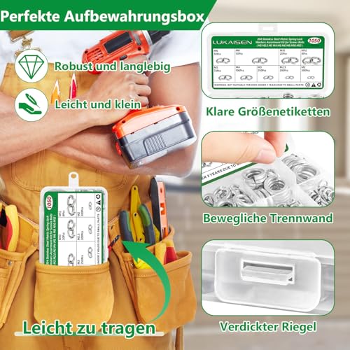1050 Stk Unterlegscheiben Set, Federringe, Spiralförmige Federscheiben, Unterlegscheiben Sperringe, DIN 127 Form B Edelstahl V2A Rostfreistahl - (M2 M2.5 M3 M4 M5 M6 M8 M10 M12)