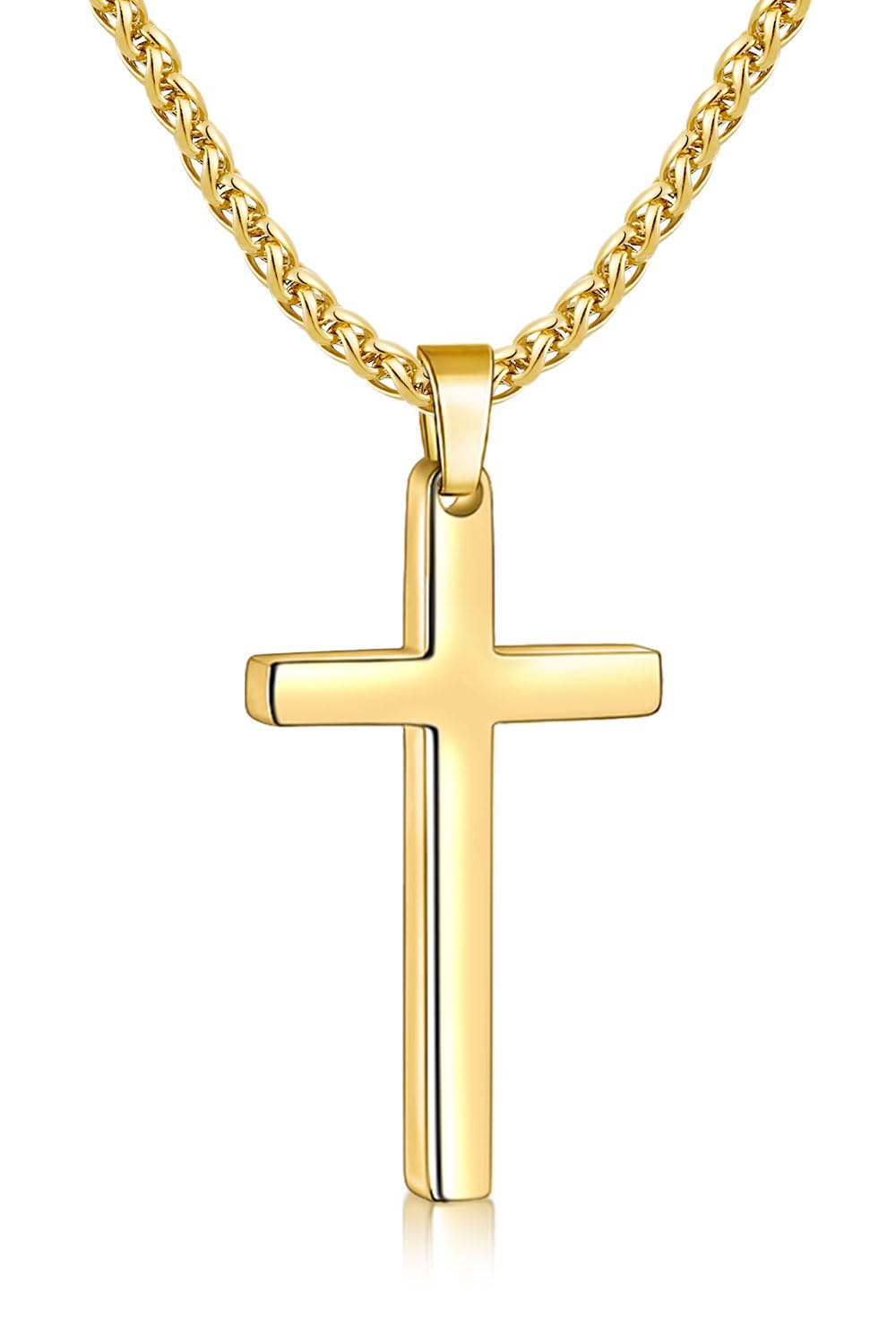 Fiusem Cross Necklace for Men, Silver Tone/Gold Plated/Black Mens Cross Necklaces with 2.5mm Chain, Stainless Steel Wheat Chain, 16-24 Inch