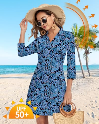 Image of WOWENY 3 /4 Sleeve Dress for Women with Pockets V Neck UPF 50+ Casual Sun Dress Breathable Quick Dry Beach Vacation