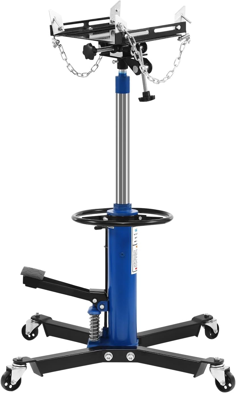 Hydraulic Transmission Jack 1600LBS (0.75 Ton), Heavy Duty High Lift Transmission Jack Hoist with Dual Spring, Adjustable Height 35"–70", 360° Swivel Whee, 30° Tilt Saddle