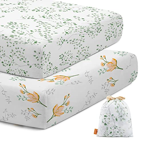 Stretchy Jersey Cotton Cirb Sheets Set 2 Pack, Fitted For Besrey Bassinet For Standard Cribs 28"X 52", Breathable And Heavenly Soft Sheets For Bassinet Mattress, Green Plant Baby Sheet For Boys Girls #TOP4
