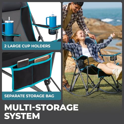 FUNDANGO Oversized Rocking Camping Chair for Adults - Portable Folding Lawn Chairs with Cushions, Wide Armrests, 2 Cup Holders, Carry Bag for Outdoor Use, Supports 400Lbs (Black/Blue) - Image 5