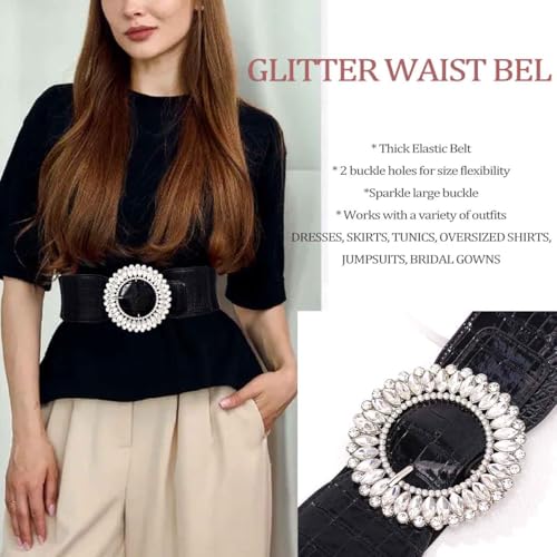 Yalice Rhinestone Wide Dress Belt for Women Thick Elastic Waist Belts Fashion Black Chunky Belts for Ladies3