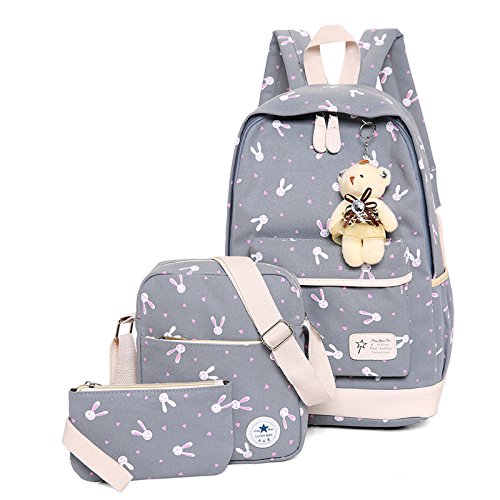 WSLCN Canvas Backpacks Set Girls School Bags Zipped Daypack Travel Satchel Shoulder Messenger Bag Kids Shoulder Bag Rucksack Laptop Casual Shoulder Bag Pencil Case Rabbit 3pcs Grey