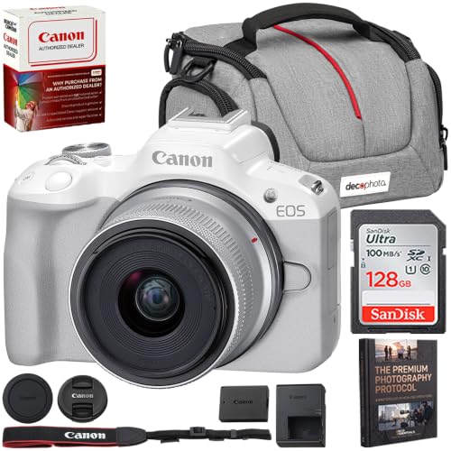 Image of Canon EOS R50 Mirrorless Camera + RF-S 18-45mm F4.5-6.3 is STM Lens White 5812C012 Bundle with Sandisk 128GB Memory Card + Deco Essentials Camera Bag + Photography Pro Kit