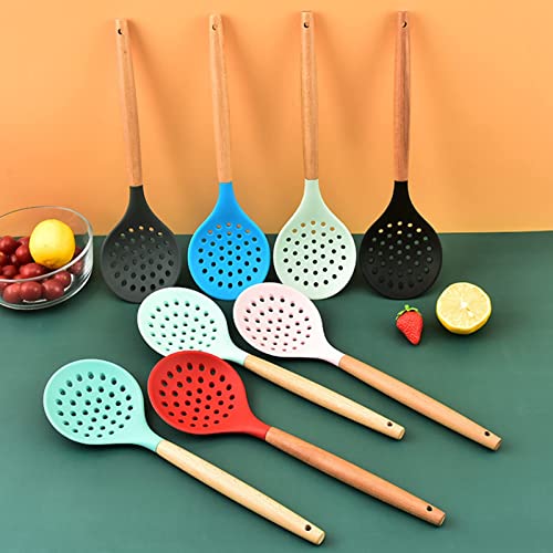 Namzi Non-Stick Silicone Kitchen Utensils,Cooking Strainer Wooden Handle Colander Spoon Skimmer Strainer BPA Free for Baking & Serving Red 12.68