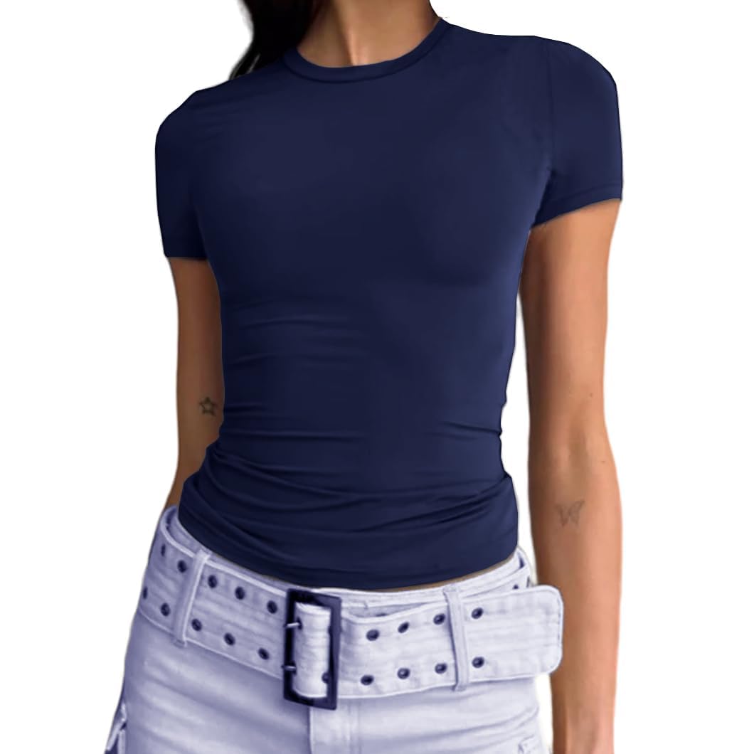 Cuptacc Tshirt Damen Rundhals T-Shirt Eng Damen Basic Y2k Top Einfarbig Shirt Kurzarm