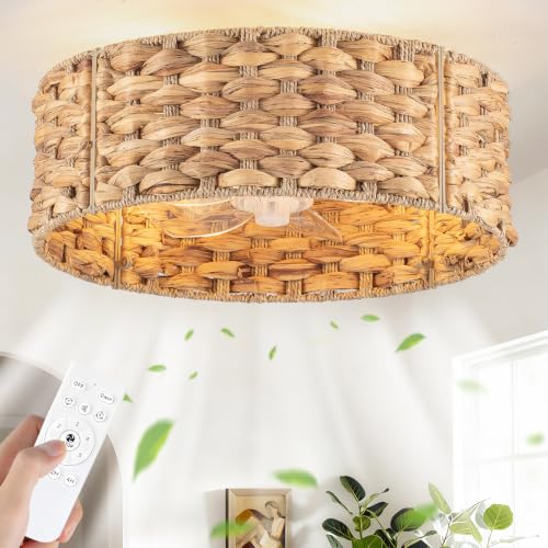 Image of 19 inch Boho Handwoven Rattan Ceiling Fan with Light Flush Mount Low Profile