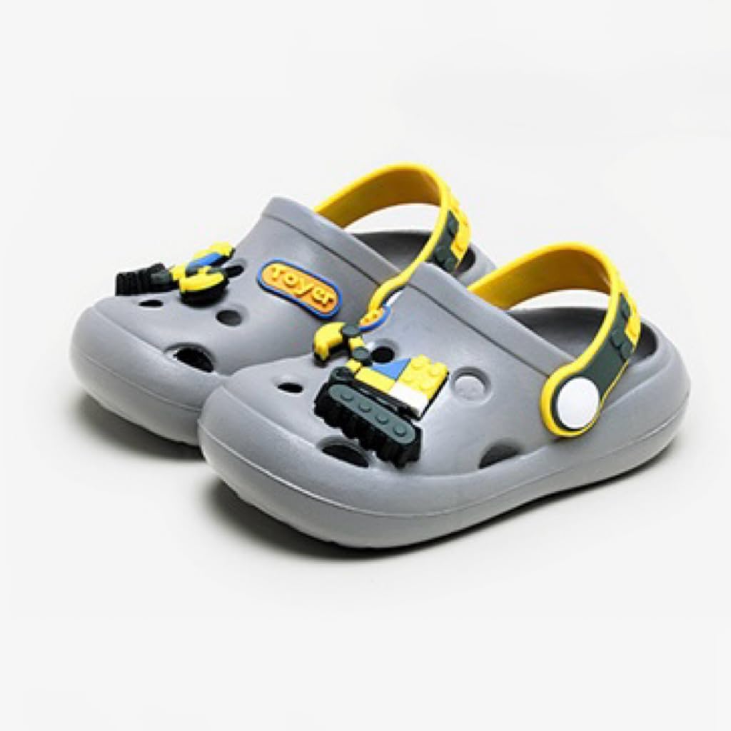 Cartoon Clogs Sandals, Gray with Yellow Accents, Rubber, Non-Slip, Water Resistant, Slip-On Style, Indoor Use, for Toddlers and Kids 1-10 Years