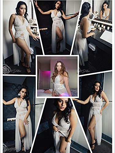 Avidlove Women Lingerie Set Lace Babydoll V neck Halter Nightwear Sleepwear Sexy Split Maxi Long Gown Sheer Dress White S - Image 3