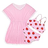 Girls Strawberry Bathing Suits Kids Cute Swimsuits Beach Outfits Bikini 3 Piece Sets Swim Wear Coveup Pom Pom Tassel 8-9