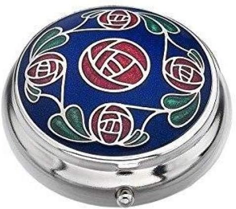 Silver Plated Pill Box in Blue & Red Rose Mackintosh Design