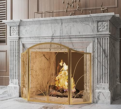 Kingson 3-Panel Arched Fireplace Screen Decorative, Handcrafted Scroll Wrought Iron Fire Spark Guard Cover for Wood Burning Fireplace-Gold