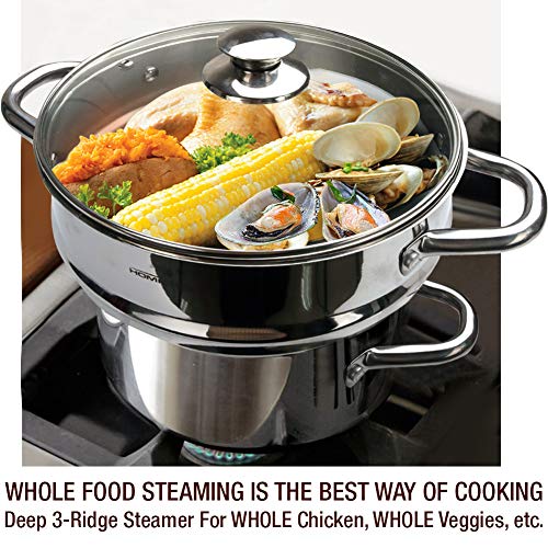 HOMI CHEF 5QT LARGE 4.5" DEEP 3-RIDGE Universal Steamer Cookware (Nickel Free Stainless Steel, 3 Ridges for 8"/ 9"/ 9.5" Pot) - Steamer Inserts for Pots - Kitchen Steamer Basket Steamer Pot
