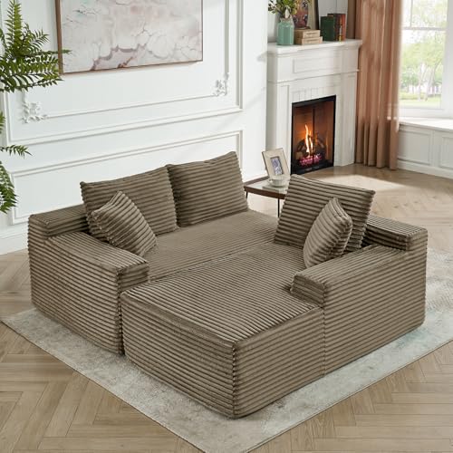 Image of 95 inch Boneless Couches for Living Room, L Shaped Comfy Cloud Modular Sectional Memory Foam Deep Seat Boneless Couch, No Assembly Required Boneless Sofa for Living Room with Right Facing Chaise, Brown