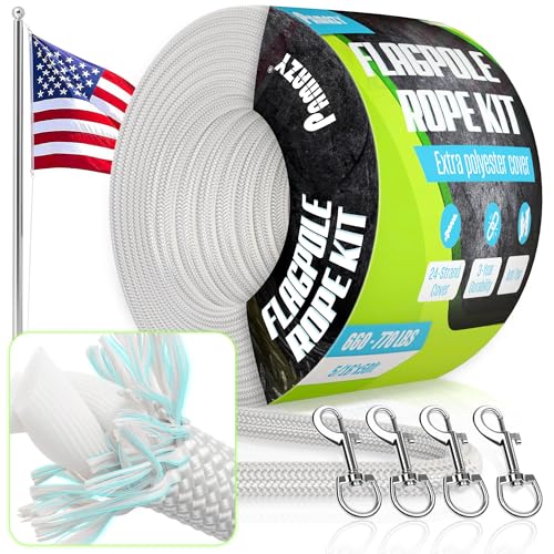 [Super Durable] 50FT x 5/16 Flagpole Rope Kit- Extra Polyester Cover 770 LBS Breaking Strength 3-Year Durability Flagpole Halyard & 4Pcs Swivel Snap Clips Anti-Tear Rope for Flagpole Utility Use