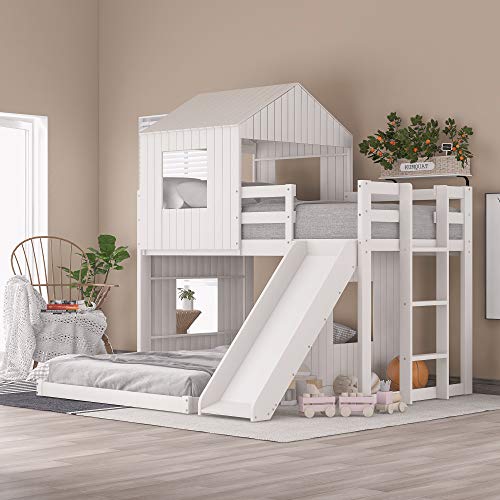 NORAN Wooden Twin Over Full Bunk Bed, Loft Bed with Playhouse, Farmhouse, Ladder & Guardrails for Kids, Toddlers, Boys & Girls (White, Twin Loft Bed with Slide)