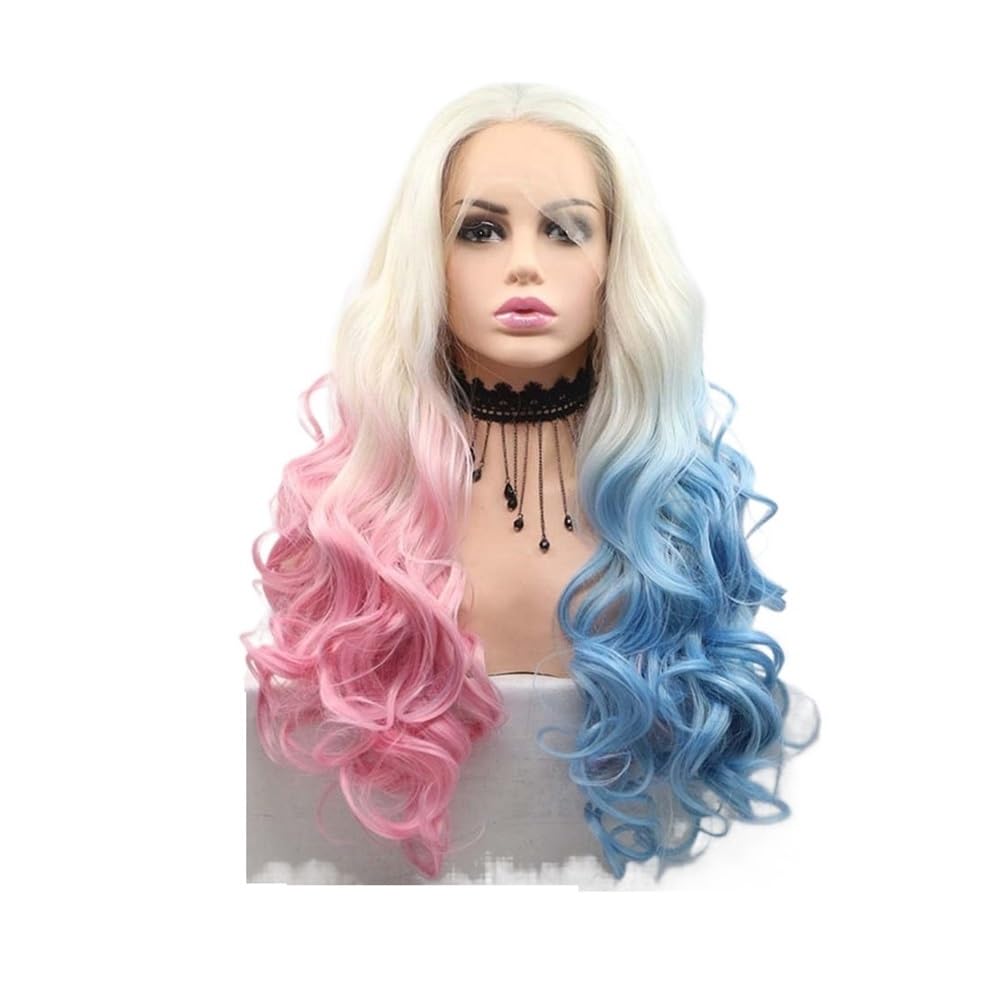 Parrucca sintetica con pizzo frontale, for donne, con ombre blu rosa, in fibra resistente al calore, lunga e ondulata