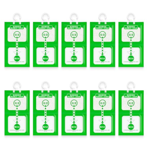 10 PCS Bolsas Antihumedad para Armarios Ropa 50g, Bolsas Absorbe Humedad Armarios con Gancho, Deshumidificador Armario para Cocina, Baño, Cajones, Trastero, Coche, Sótano