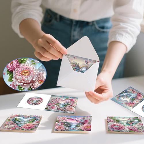 Image of 6 Pack Diamond Art Greeting Cards with Envelopes, Flowers and Hummingbirds DIY 5D Diamond Painting Card Kit, Handmade Rhinestone Postcards for Birthday & Valentine's Day Wishes (30x15cm)