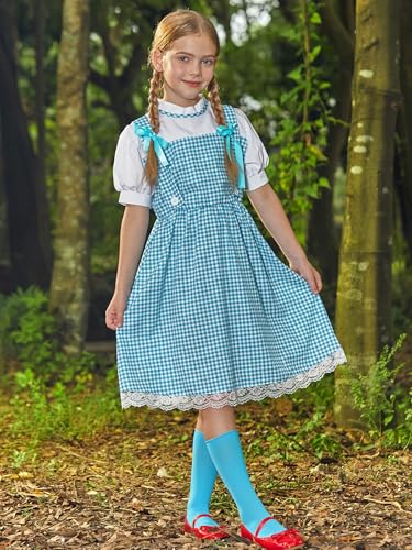 Girls Halloween Costume 4PCS Blue Gingham Puff Sleeves Midi Dress Outfit with Hair Bows Basket 5-14 Years3