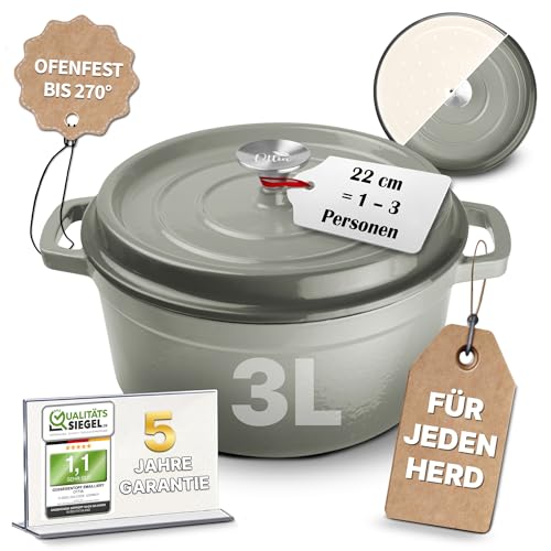 Ottia Gusseisen Topf, 22 cm, 3 Liter, Premium Emaille, Schmortopf Bräter mit Deckel, Gusseisentopf, Dutch Oven, Brotbackform, Brotbacktopf, alle Herdarten (auch Induktion), ofenfest, Händler aus HH