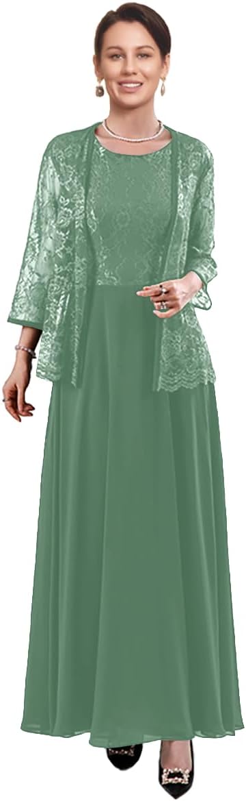 2 Pieces Mother of The Bride Dresses for Wedding with Jacket Lace Appliques Formal Evening Dress with 3/4 Sleeves