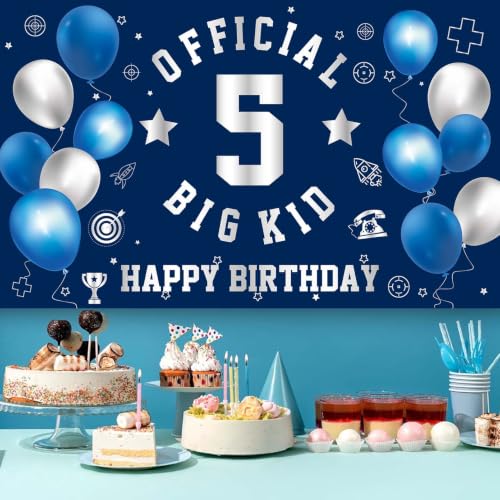 Image of Happy 5th Birthday Banner Backdrop 5th Birthday Decorations for Boys | Large Official Big Kid 5 Year Old Backdrop Fifth HBD Party Decorations Supplies, Navy Blue Silver