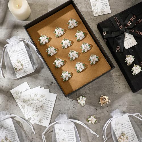 Sasylvia 60 Sets Funeral Pins Bulk Celebration of Life Funeral Favors Includes Lapel Pin Brooches Memorial Poem Cards Organza Bags Gifts Charms for Who Loss Loved One(Magnolia)4