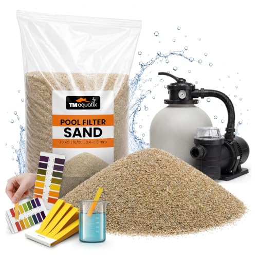 TM Aquatix Swimming Pool Filter Sand 20kg Bag | 16/30 Grade 0.4-0.8mm Natural Quartz Sand Filter Media for Bestway & Intex Pool Filter Pump Systems Aquarium & Fish Tank | FREE 80x pH Test Strips