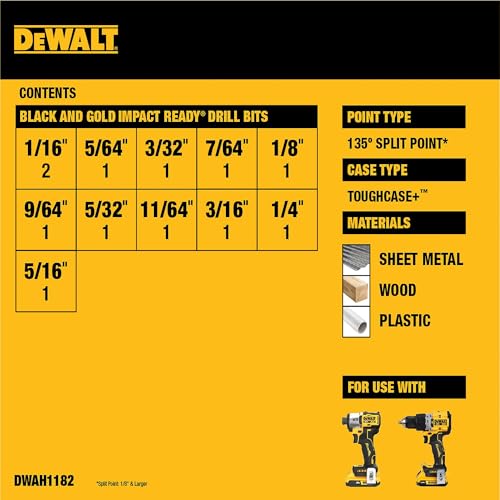 Image of DEWALT 12 Pc Black and Gold Drill Bit Set, Premium Finish Impact Driver Bit Set for Metal, Plastic and Wood (DWAH1182)