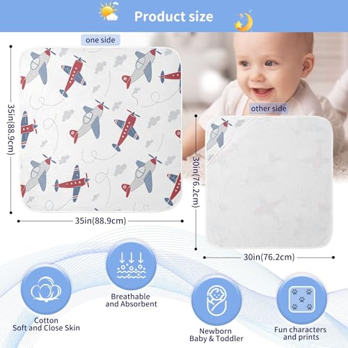 Image of Burbuja Cartoon Airplane Baby Bath Towel - Soft Absorbent Muslin Cotton Hooded Towel for Newborn Infant Toddler, 35x35 in