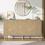Anmytek Sideboard Buffet Cabinet with 4 Doors, 63''W Large Kitchen Storage Cabinet, Wood Credenzas with Adjustable Shelf for Kitchen, Hallway, Herringbone Oak