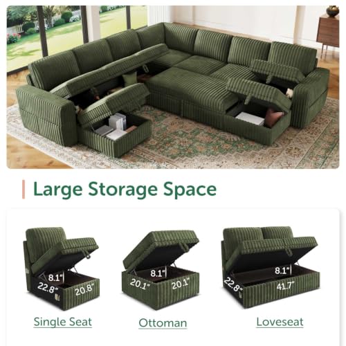 Image of HONBAY Modular Sectional Sleeper Sofa with Pull Out Bed Oversized Corduroy L Shaped Sofa Bed with Storage Couches for Living Room,Green