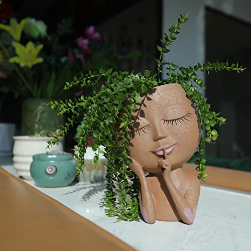 Hunthawk Face Flower Pot Head Planter, Face Planters Pots, Unique Face Flower Pot For Indoor Outdoor Plants, Resin Head Planter With Drainage Hole, Cute Lady Face Plant Pots Closed Eyes (Brown/Dark) #TOP1