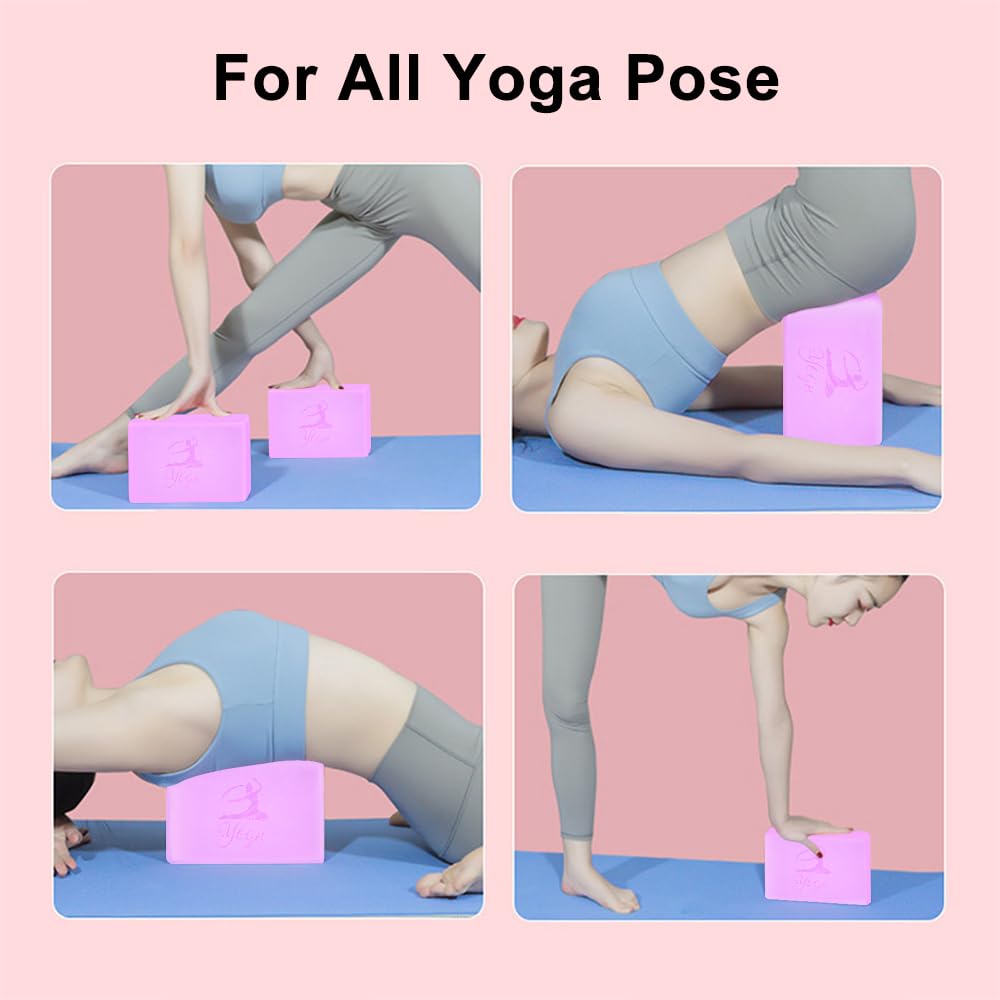 Lot de 2 blocs de yoga et 2 sangles de yoga - Blocs de mousse EVA antidérapants - Briques de yoga haute densité avec sangle de 6 m - Accessoire de yoga sans latex pour pilates