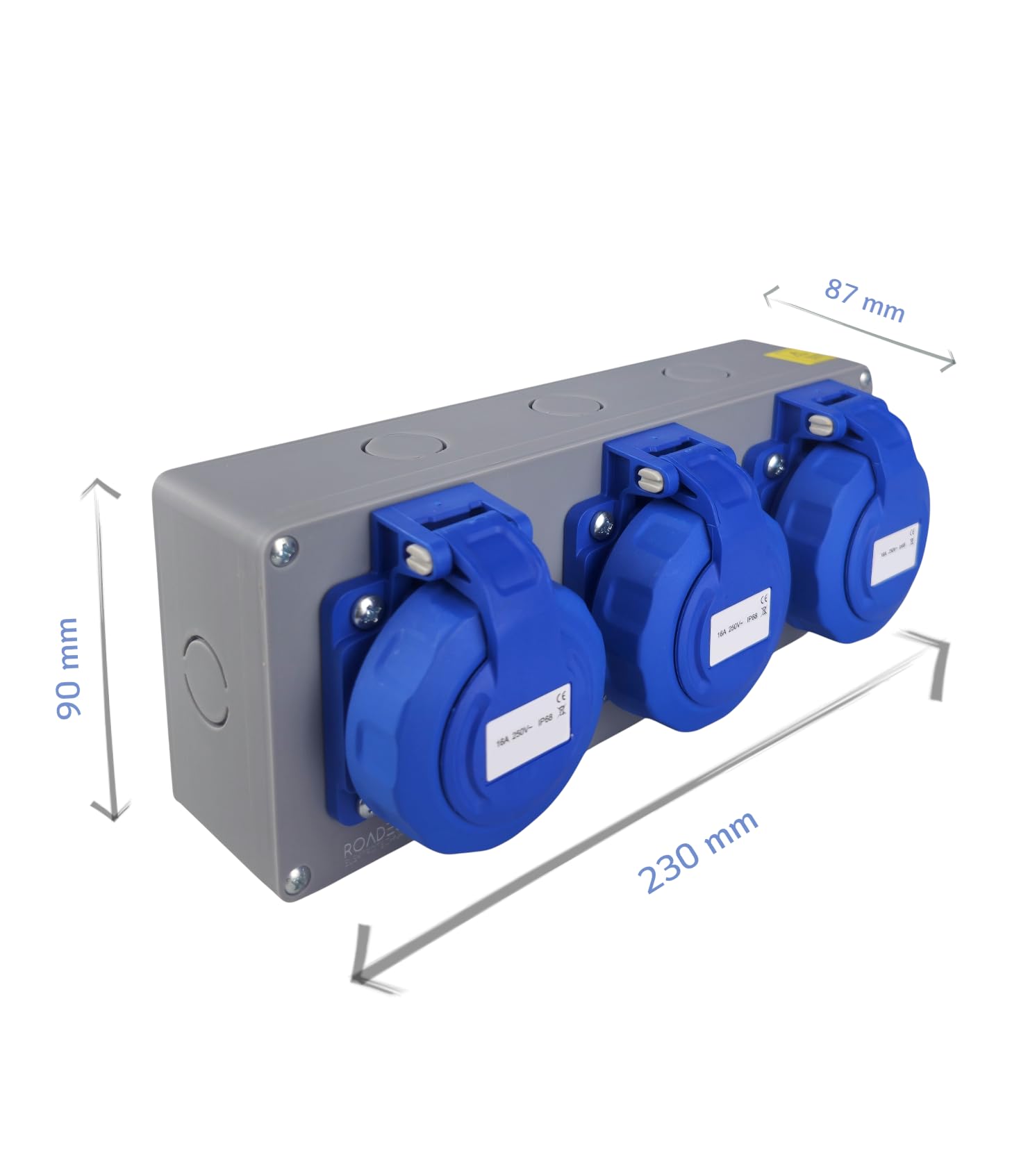 RoadEu – Steckdosenverteiler 3x Schuko 230V | Stromverteiler 16A IP65 Wasserdicht | Außensteckdose | Baustromverteiler mit 2,5mm² Verdrahtung & EU-Komponenten