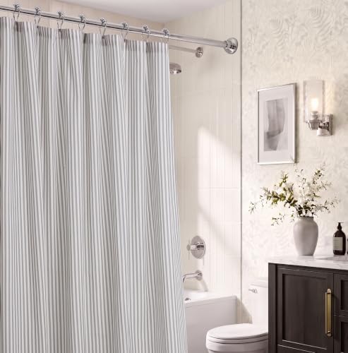 Grey Striped Shower Curtain for Bathroom Cotton Blend Rustic Show...