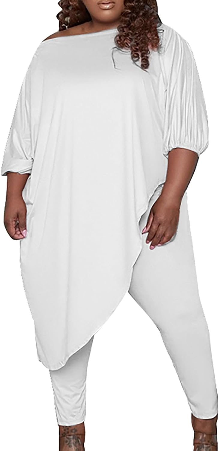 ZYXTIM Oversized 2 Piece Outfits for Women Off The Shoulder Long Sleeve Shirts High Waist Pants Plus Size Tight Trousers Set