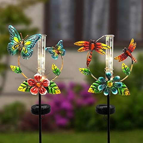 ALLADINBOX 2 Set 31.5inch Solar Powered Metal Rain Gauge Butterfly and Dragonfly with PVC Tubes for Garden Yard Deck Outdoors Fence Decoration Cover
