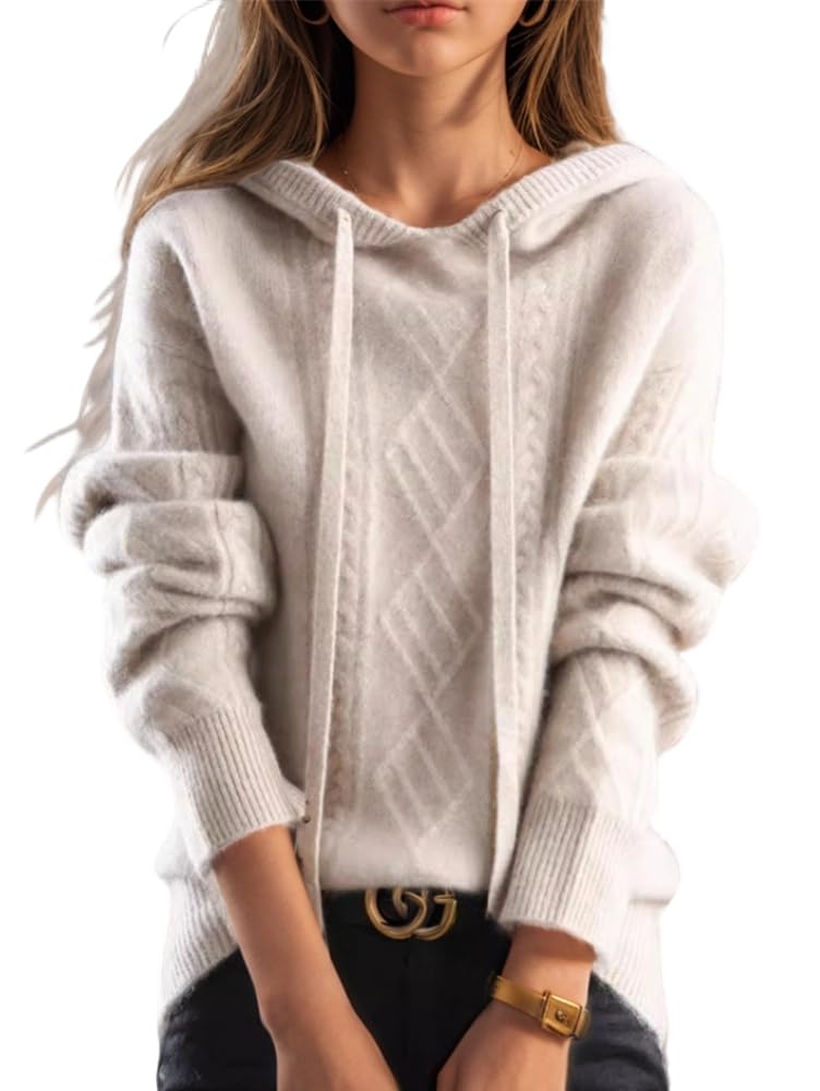 Women Oversized Cable Knit Cozy Sweater Pullover Fall Winter Casual Trendy Hooded Long Sleeve Top