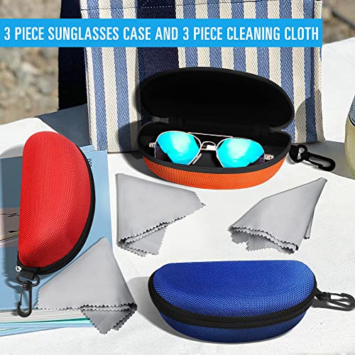 3 Pack Sunglasses Case Portable Travel Zipper Eyeglasses Case Hook With Cleaning Cloth (B-Red+Blue+Orange) #TOP1