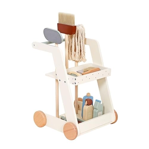 HYGRAD Kids Wooden Cleaning Set Toy Cart Kids Role Play Janitor Cleaning Set Household Pretend Play Childrens Toy Gift Ages 3+ (Design 2)