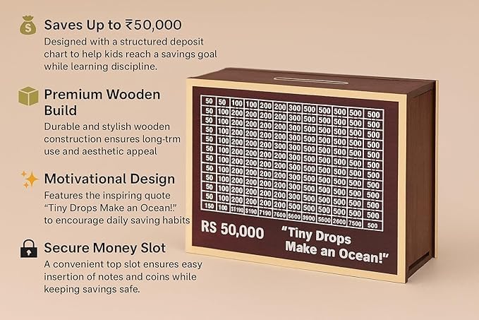 Image of Dr.MASHUR Wooden Money Saving Challenge Box with Printed Amount Board for Cash and Coin Collection, Reusable Saving Box for Kids and Adults (50k Money box-2pc, 2, Count)
