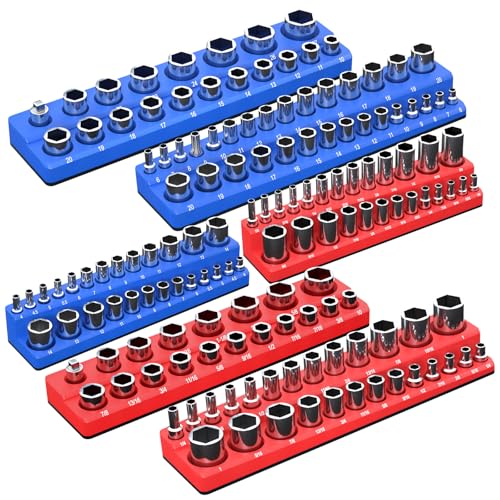 Image of Magnetic Socket Organizer Set, 6-Piece Socket Holder Trays for 1 /4 inch 3 /8 inch 1 /2 inch Drive, Holds up to 143 Sockets, Compatible with Metric and SAE Sizes (Blue & Red)