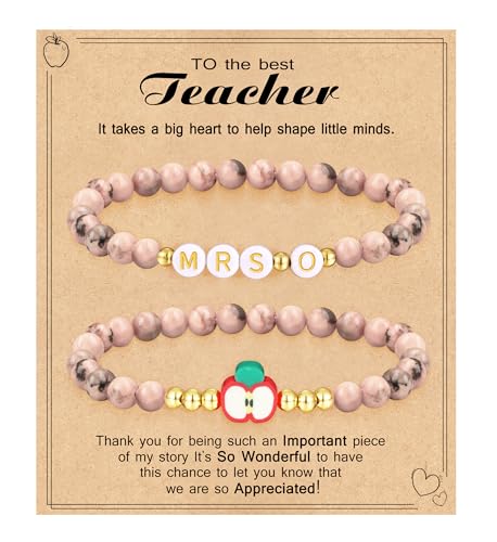 Teacher Appreciation Gifts for Women,Teacher Must Haves Initial Bracelet Mrs Miss End of Year Teacher Gifts Thank You for Helping Me Grow Music Math Science Teachers Bracelets Retirement 2 Set Jewelry